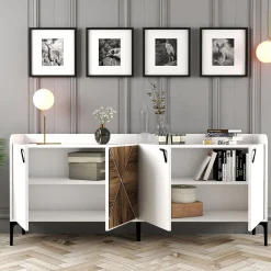 Madie|Credenze > Dmora Credenza Bianco Marrone Noce 2 Ripiani 4 Ante 180x35x78h cm, 1 Anta Effetto Legno - Elini Marrone, Bianco Noce