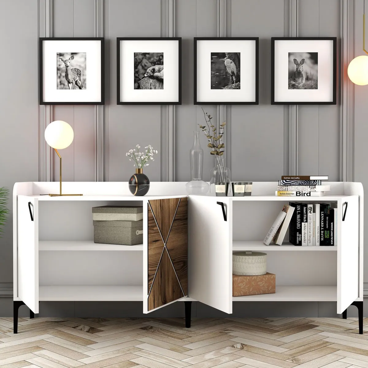 Madie|Credenze > Dmora Credenza Bianco Marrone Noce 2 Ripiani 4 Ante 180x35x78h cm, 1 Anta Effetto Legno - Elini Marrone, Bianco Noce