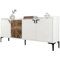 Madie|Credenze > Dmora Credenza Bianco Marrone Noce 2 Ripiani 4 Ante 180x35x78h cm, 1 Anta Effetto Legno - Elini Marrone, Bianco Noce