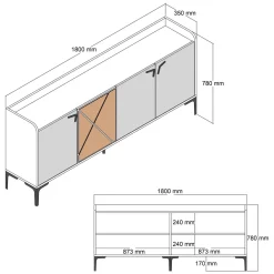 Madie|Credenze > Dmora Credenza Bianco Marrone Noce 2 Ripiani 4 Ante 180x35x78h cm, 1 Anta Effetto Legno - Elini Marrone, Bianco Noce