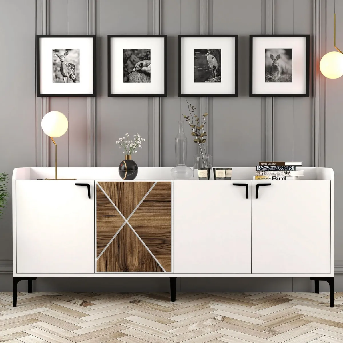 Madie|Credenze > Dmora Credenza Bianco Marrone Noce 2 Ripiani 4 Ante 180x35x78h cm, 1 Anta Effetto Legno - Elini Marrone, Bianco Noce