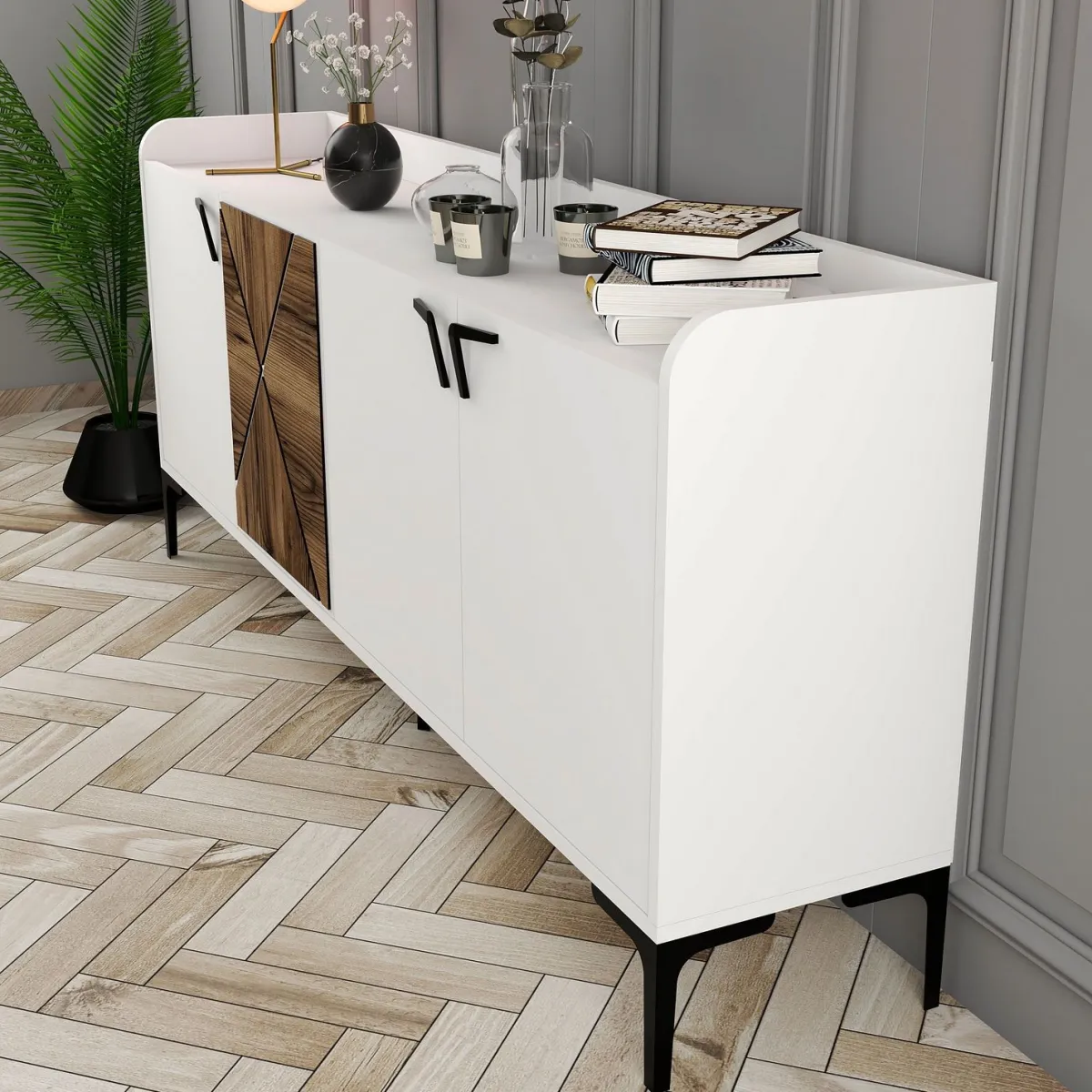 Madie|Credenze > Dmora Credenza Bianco Marrone Noce 2 Ripiani 4 Ante 180x35x78h cm, 1 Anta Effetto Legno - Elini Marrone, Bianco Noce