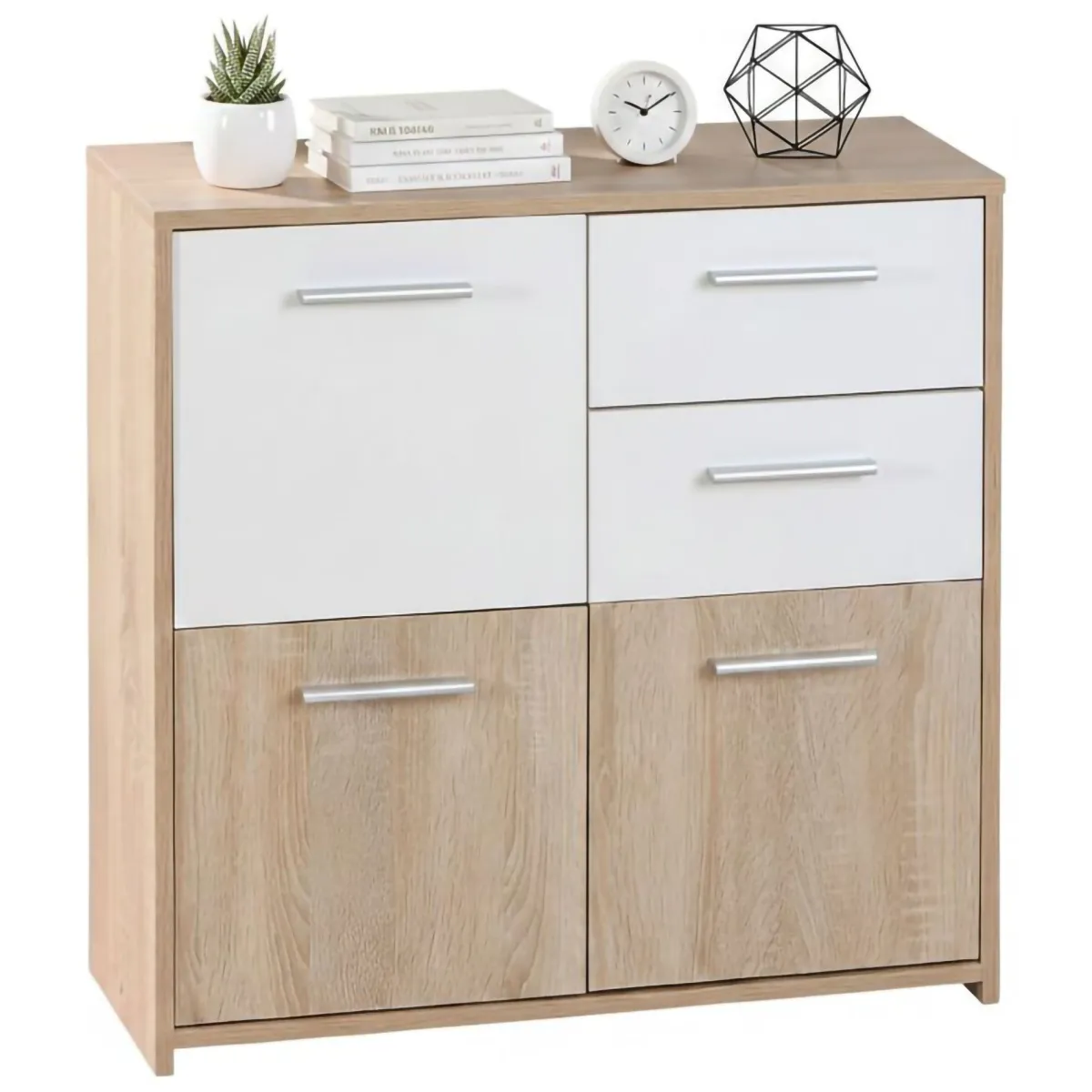 Madie|Credenze > Dmora Credenza Bianco Marrone Quercia 2 Cassetti Apertura Battente 77x30x77h cm, 3 Ante - Piglio Marrone, Bianco Quercia