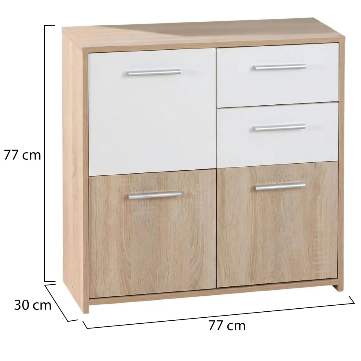 Madie|Credenze > Dmora Credenza Bianco Marrone Quercia 2 Cassetti Apertura Battente 77x30x77h cm, 3 Ante - Piglio Marrone, Bianco Quercia