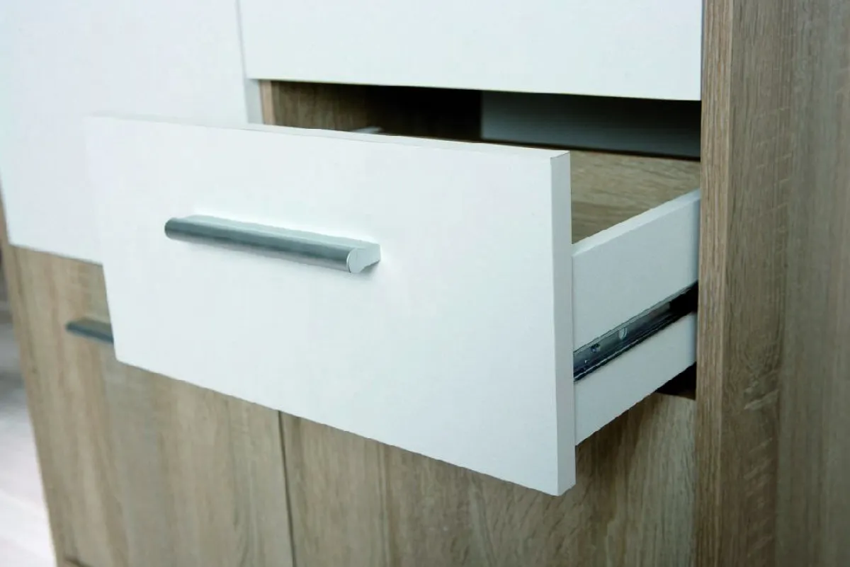 Madie|Credenze > Dmora Credenza Bianco Marrone Quercia 2 Cassetti Apertura Battente 77x30x77h cm, 3 Ante - Piglio Marrone, Bianco Quercia