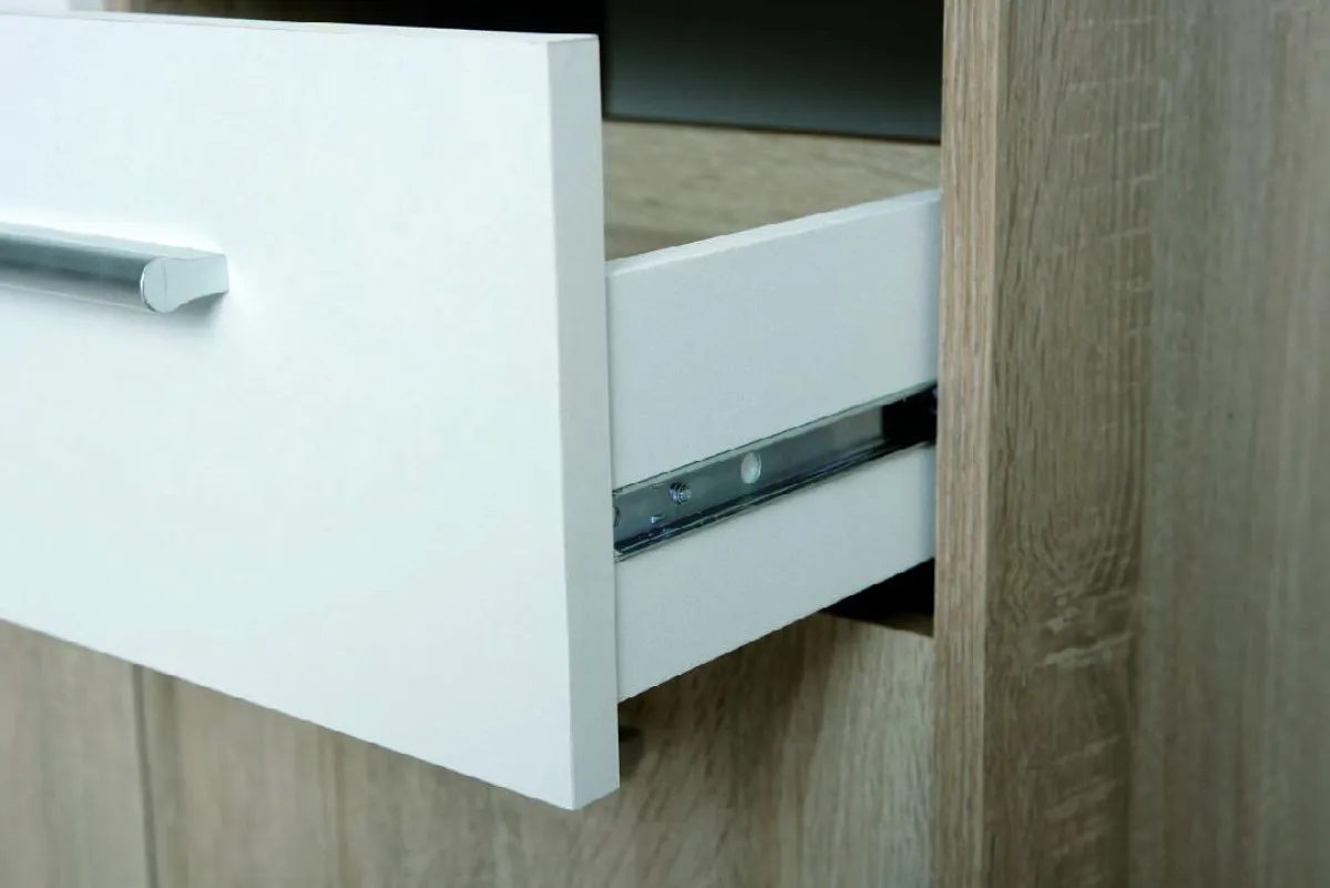 Madie|Credenze > Dmora Credenza Bianco Marrone Quercia 2 Cassetti Apertura Battente 77x30x77h cm, 3 Ante - Piglio Marrone, Bianco Quercia