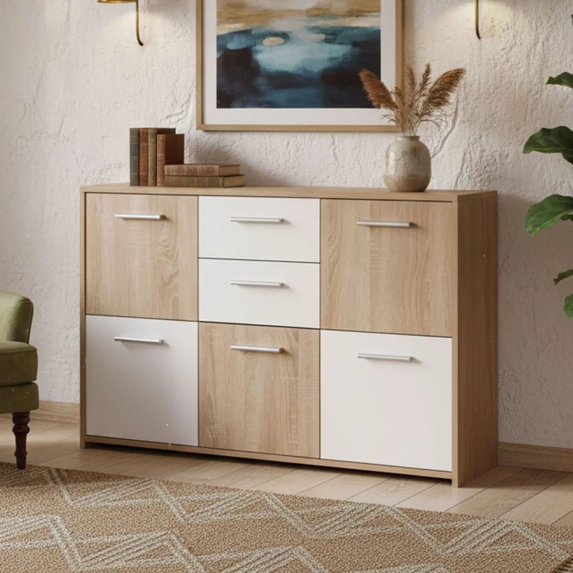 Madie|Credenze > Dmora Credenza Bianco Marrone Quercia Apertura Battente 6 Ante 77x30x115h cm, 6 Vani - Dresano Marrone Quercia, Bianco