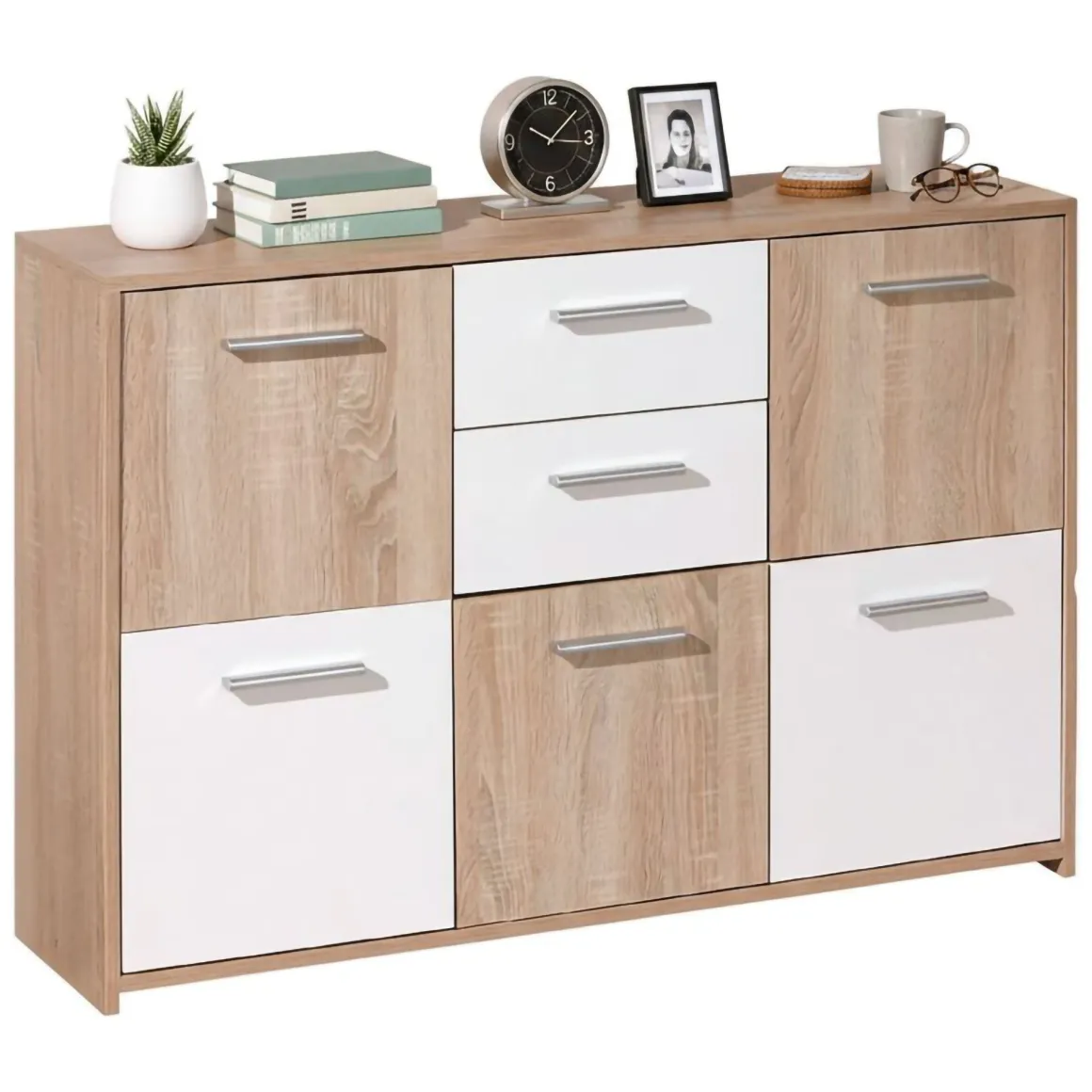Madie|Credenze > Dmora Credenza Bianco Marrone Quercia Apertura Battente 6 Ante 77x30x115h cm, 6 Vani - Dresano Marrone Quercia, Bianco