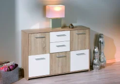 Madie|Credenze > Dmora Credenza Bianco Marrone Quercia Apertura Battente 6 Ante 77x30x115h cm, 6 Vani - Dresano Marrone Quercia, Bianco