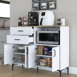 Madie|Credenze > Dmora Credenza Bianco Marrone Rovere 2 Cassetti 2 Ripiani 138x50x95h cm, Apertura Scorrevole - Lupara Marrone, Bianco Rovere