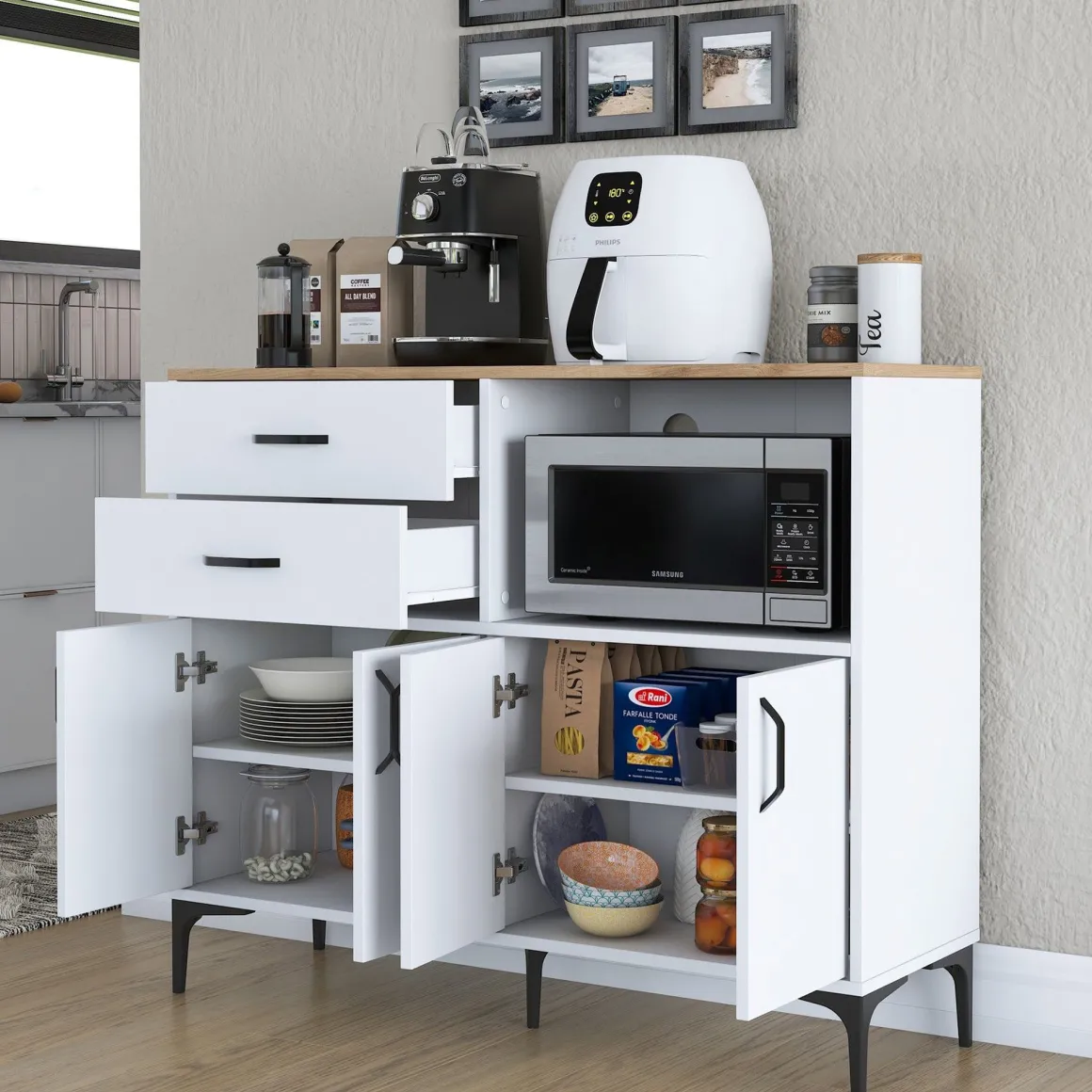 Credenza Bianco Marrone Rovere 2 Cassetti 2 Ripiani 120x40x99h cm, Apertura Battente, Scorrevole - Cavriana