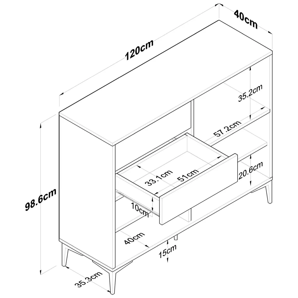 Credenza Bianco Marrone Rovere 2 Cassetti 2 Ripiani 120x40x99h cm, Apertura Battente, Scorrevole - Cavriana