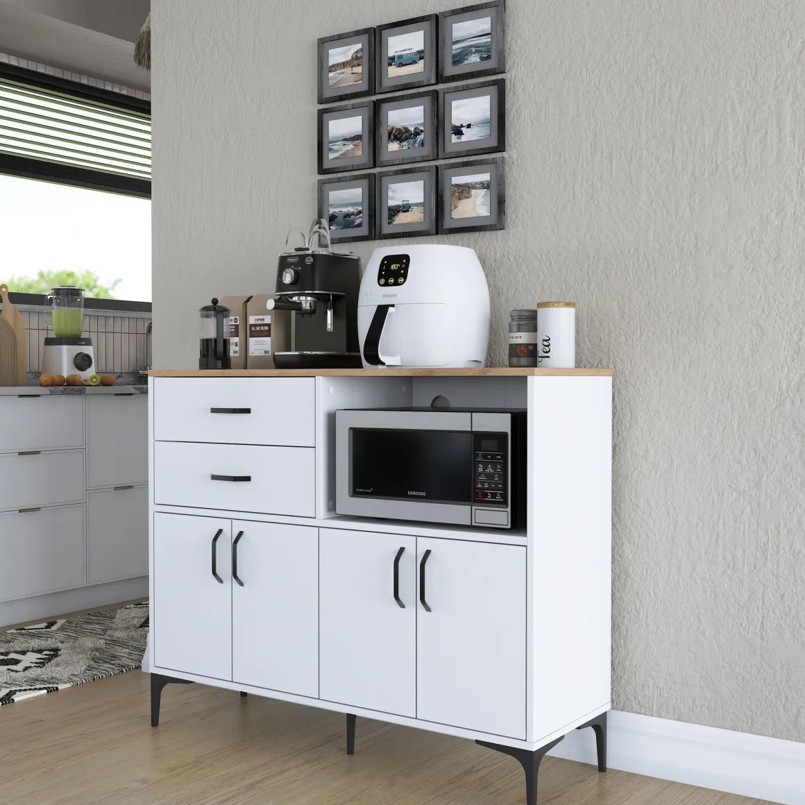 Credenza Bianco Marrone Rovere 2 Cassetti 2 Ripiani 120x40x99h cm, Apertura Battente, Scorrevole - Cavriana