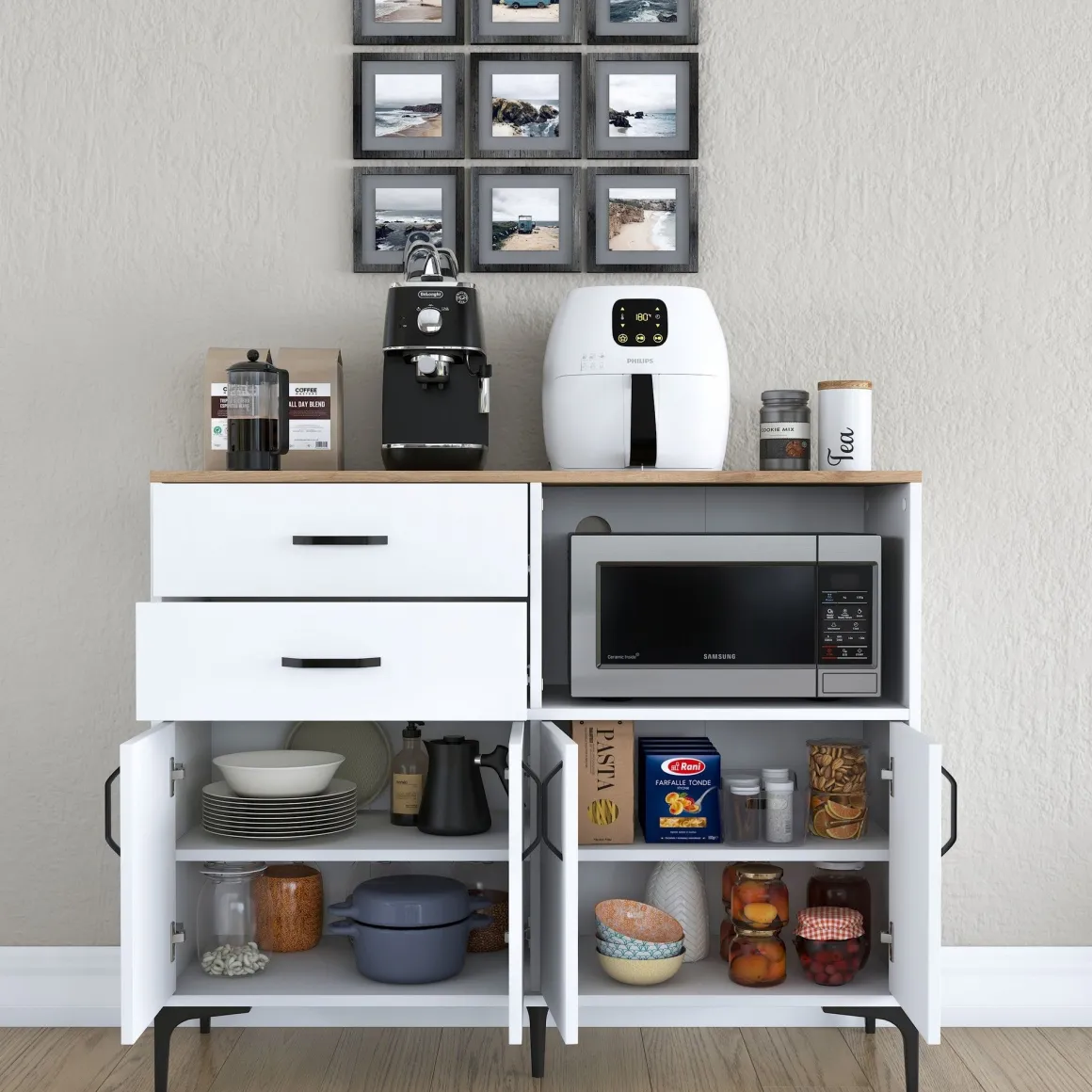 Credenza Bianco Marrone Rovere 2 Cassetti 2 Ripiani 120x40x99h cm, Apertura Battente, Scorrevole - Cavriana