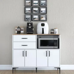 Credenza Bianco Marrone Rovere 2 Cassetti 2 Ripiani 120x40x99h cm, Apertura Battente, Scorrevole - Cavriana