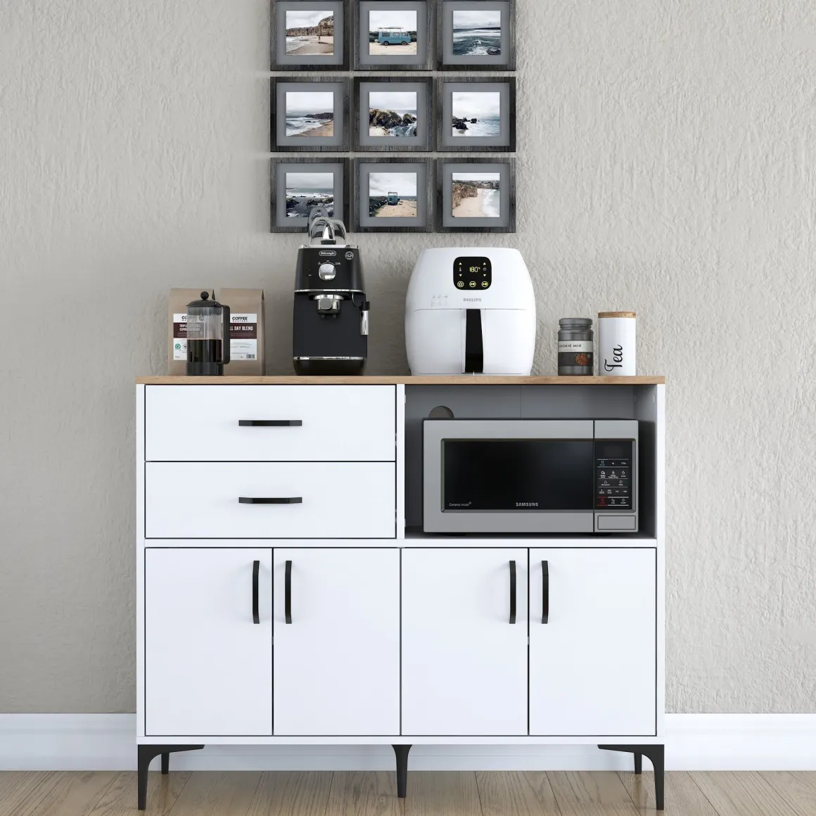 Credenza Bianco Marrone Rovere 2 Cassetti 2 Ripiani 120x40x99h cm, Apertura Battente, Scorrevole - Cavriana