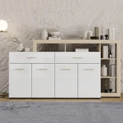 Madie|Credenze > Dmora Credenza Bianco Marrone Rovere 2 Ripiani 3 Ante 40x150x78h cm, con Piedini - Caribou Marrone, Bianco Rovere