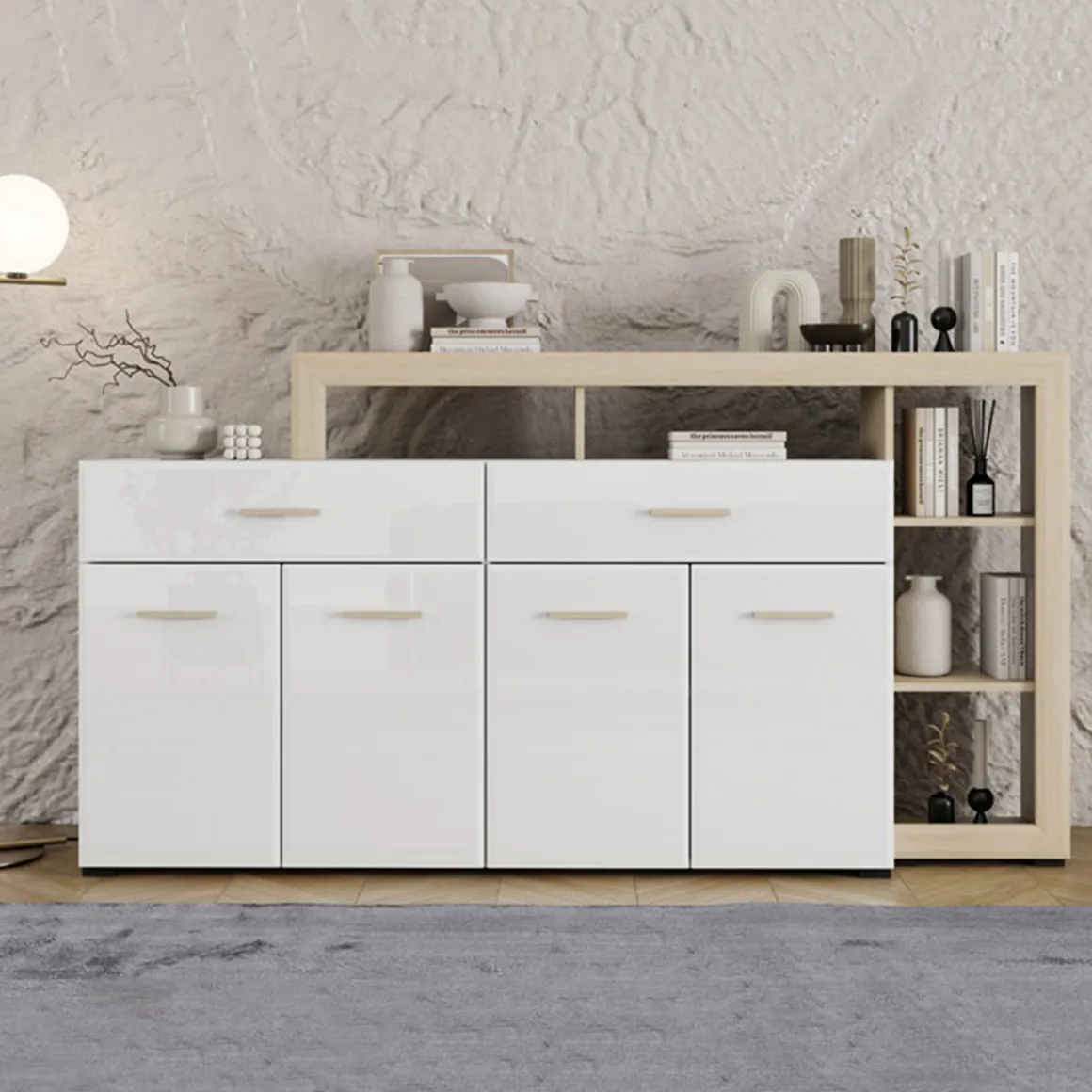 Credenza Bianco Marrone Rovere 2 Cassetti 5 Ripiani 189x42x100h cm, Apertura Battente, Scorrevole - Dovad