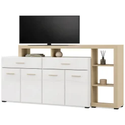 Madie|Credenze > Dmora Credenza Bianco Marrone Rovere 2 Ripiani 3 Ante 40x150x78h cm, con Piedini - Caribou Marrone, Bianco Rovere