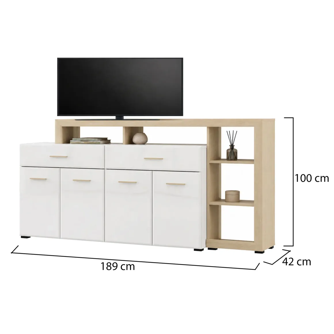 Credenza Bianco Marrone Rovere 2 Cassetti 5 Ripiani 189x42x100h cm, Apertura Battente, Scorrevole - Dovad