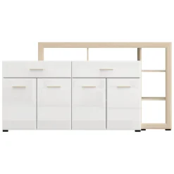 Credenza Bianco Marrone Rovere 2 Cassetti 5 Ripiani 189x42x100h cm, Apertura Battente, Scorrevole - Dovad