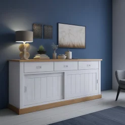 Madie|Credenze > Dmora Credenza Bianco Marrone Rovere 3 Cassetti un Ripiano 40x150x78h cm, Apertura Battente, Scorrevole - Cadillac Marrone, Bianco Rovere