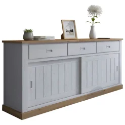 Madie|Credenze > Dmora Credenza Bianco Marrone Rovere 3 Cassetti un Ripiano 40x150x78h cm, Apertura Battente, Scorrevole - Cadillac Marrone, Bianco Rovere