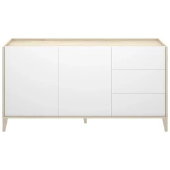 Madie|Credenze > Dmora Credenza Bianco Marrone Rovere 3 Cassetti un Ripiano 40x150x78h cm, Apertura Battente, Scorrevole - Cadillac Marrone, Bianco Rovere