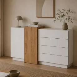Credenza Bianco Marrone Rovere 4 Cassetti 2 Ripiani 160x45x94h cm, Apertura Battente, Scorrevole - Hadarari
