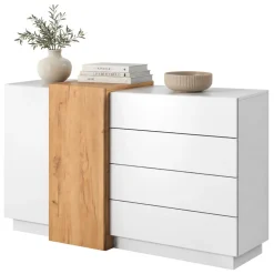 Credenza Bianco Marrone Rovere 4 Cassetti 2 Ripiani 160x45x94h cm, Apertura Battente, Scorrevole - Hadarari