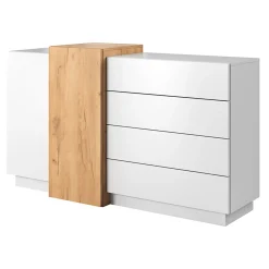 Credenza Bianco Marrone Rovere 4 Cassetti 2 Ripiani 160x45x94h cm, Apertura Battente, Scorrevole - Hadarari