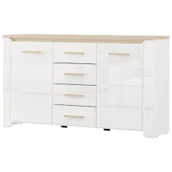 Credenze > Dmora Credenza Bianco Marrone Rovere 4 Cassetti 3 Ripiani 154x41x88h cm, Apertura Battente, Scorrevole - Barone Marrone, Bianco Rovere