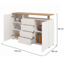 Credenza Bianco Marrone Rovere 4 Cassetti 4 Ripiani 154x40x94h cm, Apertura Battente e Scorrevole - Levate