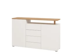 Credenza Bianco Marrone Rovere 4 Cassetti 4 Ripiani 154x40x94h cm, Apertura Battente e Scorrevole - Levate