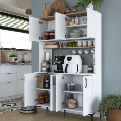 Credenza Bianco Marrone Rovere 4 Ripiani 8 Vani 120x40x187h cm, 8 Ante - Legnaro