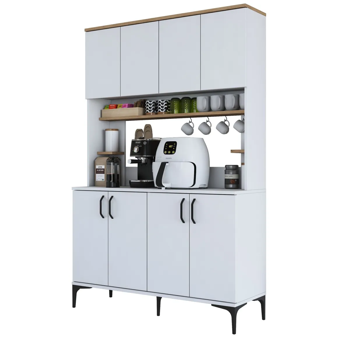 Credenza Bianco Marrone Rovere 4 Ripiani 8 Vani 120x40x187h cm, 8 Ante - Legnaro