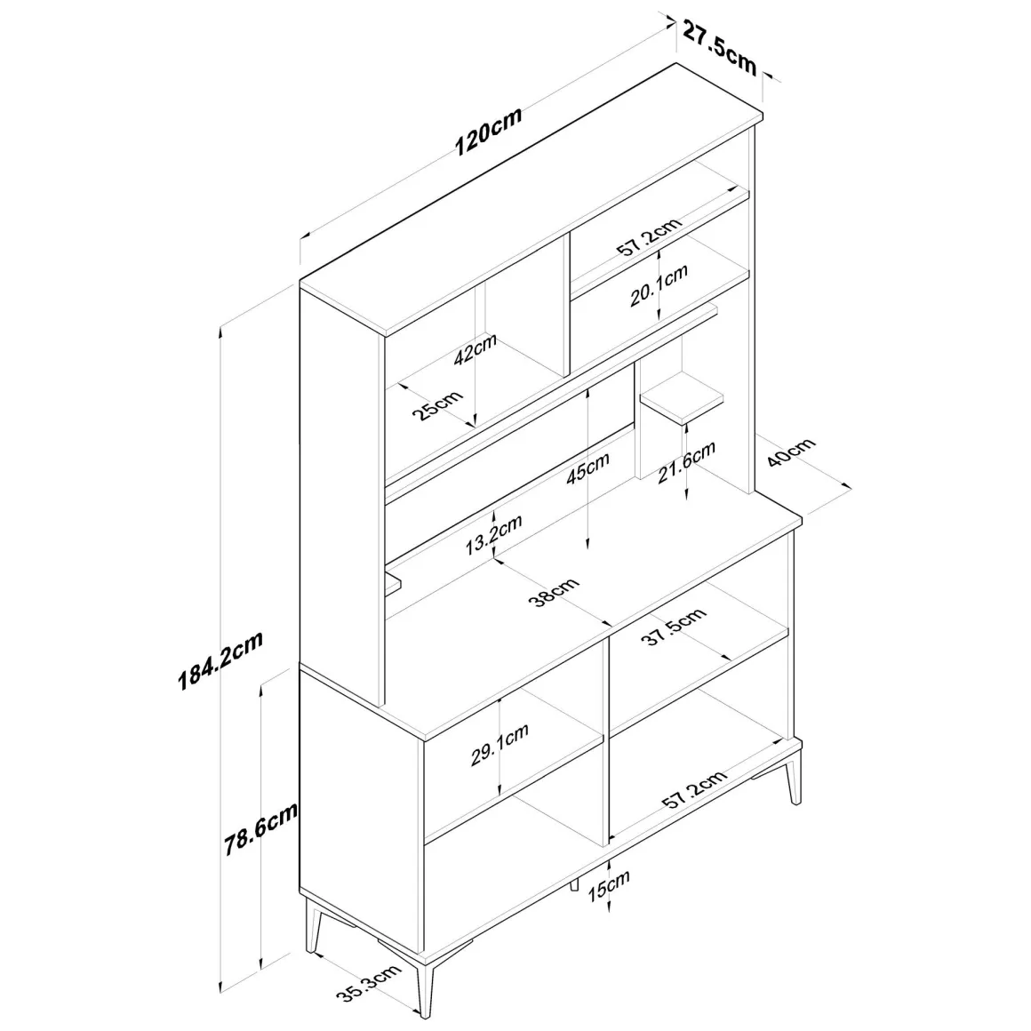 Credenza Bianco Marrone Rovere 4 Ripiani 8 Vani 120x40x187h cm, 8 Ante - Legnaro
