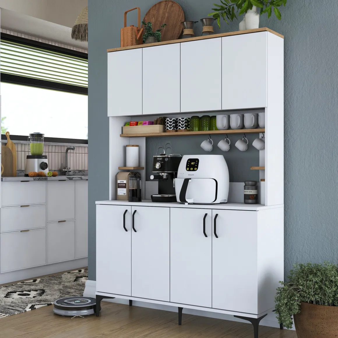 Credenza Bianco Marrone Rovere 4 Ripiani 8 Vani 120x40x187h cm, 8 Ante - Legnaro