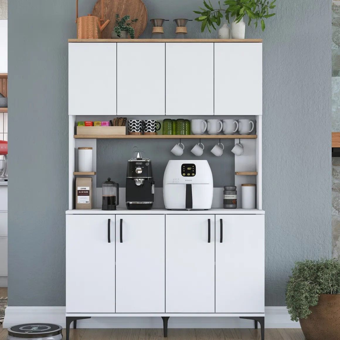 Credenza Bianco Marrone Rovere 4 Ripiani 8 Vani 120x40x187h cm, 8 Ante - Legnaro