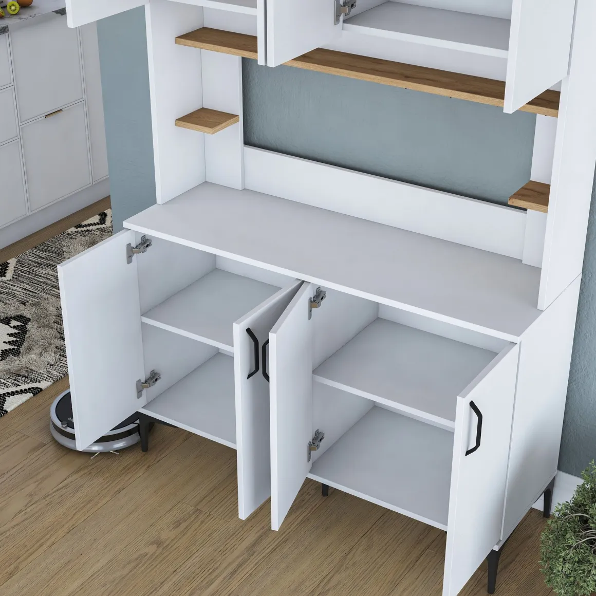 Credenza Bianco Marrone Rovere 4 Ripiani 8 Vani 120x40x187h cm, 8 Ante - Legnaro