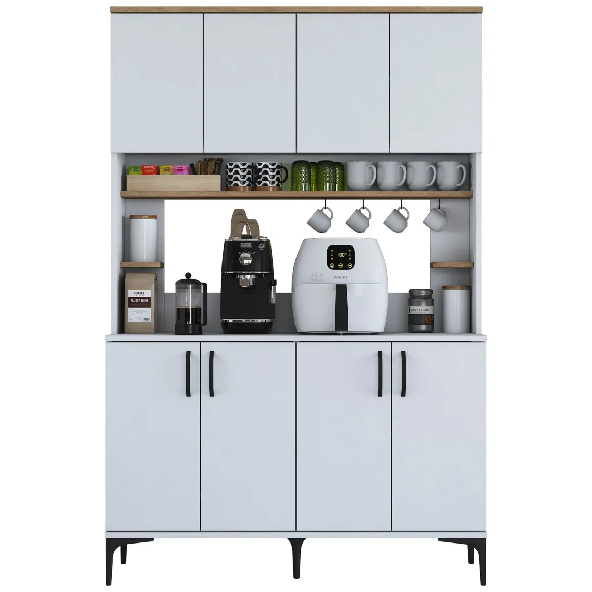 Credenza Bianco Marrone Rovere 4 Ripiani 8 Vani 120x40x187h cm, 8 Ante - Legnaro