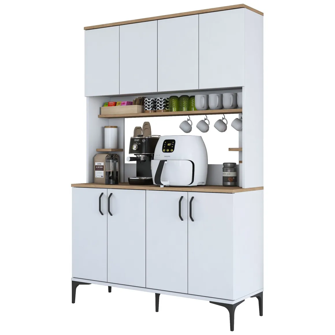 Credenza Bianco Marrone Rovere 7 Ripiani 8 Vani 120x40x184h cm, 8 Ante - Ceccano
