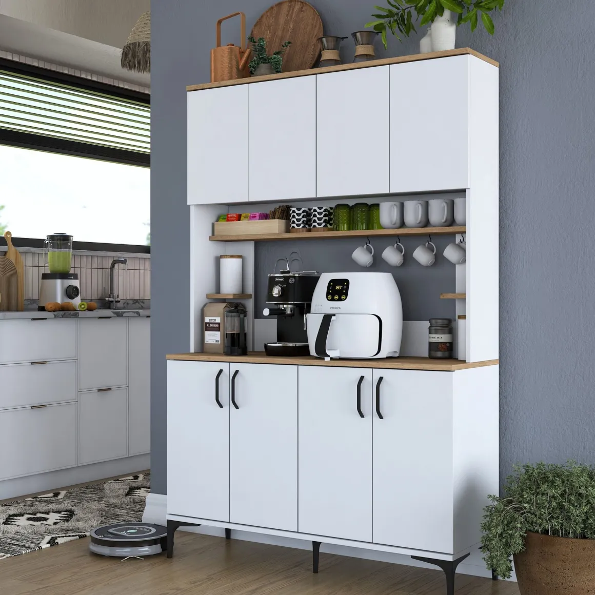 Credenza Bianco Marrone Rovere 7 Ripiani 8 Vani 120x40x184h cm, 8 Ante - Ceccano