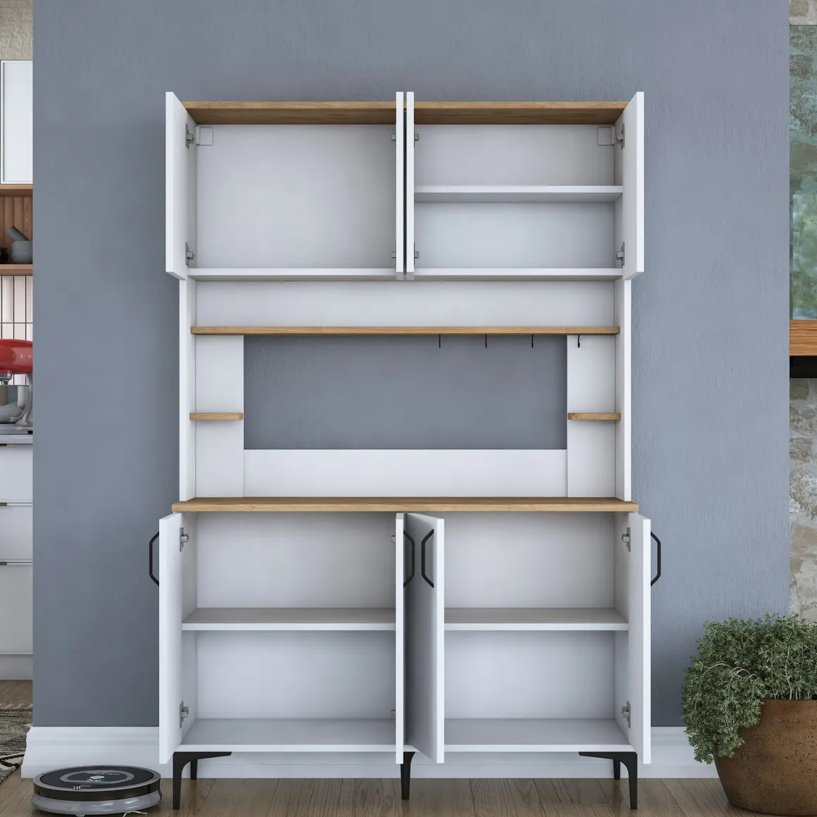 Credenza Bianco Marrone Rovere 7 Ripiani 8 Vani 120x40x184h cm, 8 Ante - Ceccano