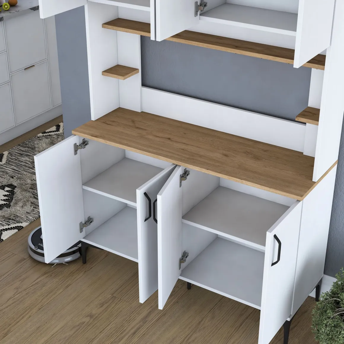 Credenza Bianco Marrone Rovere 7 Ripiani 8 Vani 120x40x184h cm, 8 Ante - Ceccano