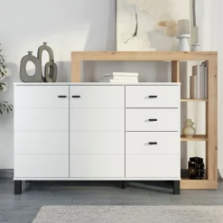 Credenza Bianco Marrone Rovere Nodi 3 Cassetti 5 Ripiani 145x35x101h cm, Apertura Battente, Scorrevole - Valiza