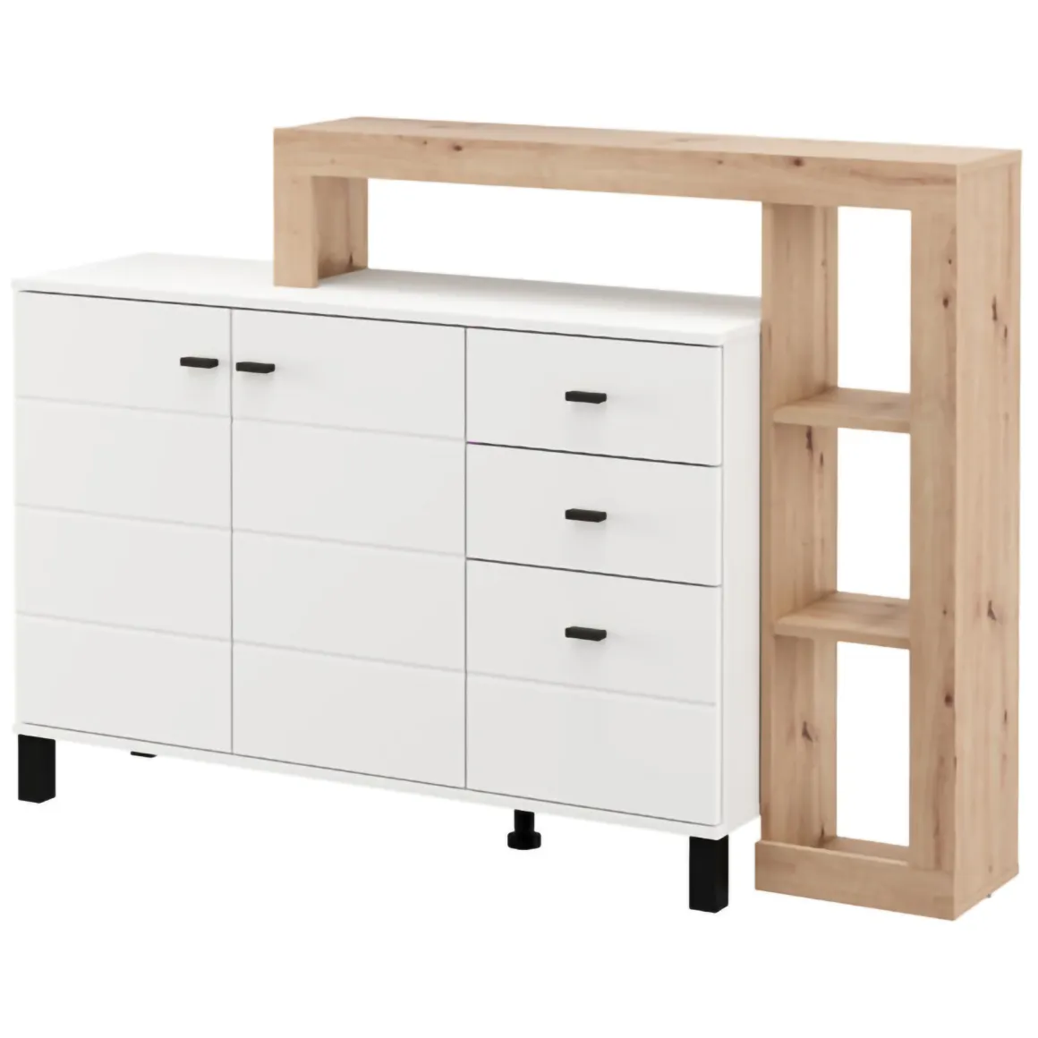 Credenza Bianco Marrone Rovere Nodi 3 Cassetti 5 Ripiani 145x35x101h cm, Apertura Battente, Scorrevole - Valiza