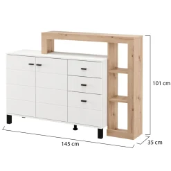 Credenza Bianco Marrone Rovere Nodi 3 Cassetti 5 Ripiani 145x35x101h cm, Apertura Battente, Scorrevole - Valiza