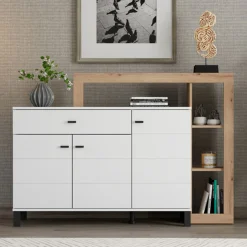 Credenza Bianco Marrone Rovere Nodi 5 Ripiani un Cassetto 145x35x101h cm, 3 Ante - Piriap