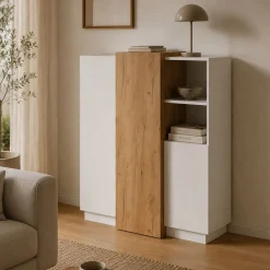 Madie|Credenze > Dmora Credenza Bianco Marrone Rovere Nodi un Cassetto 2 Ripiani 119x33x80.5h cm, Apertura Battente e Scorrevole - Sanza Marrone, Bianco Rovere Nodi
